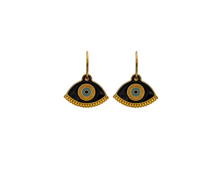 Close up of gold evil eye in black,  hoop earrings