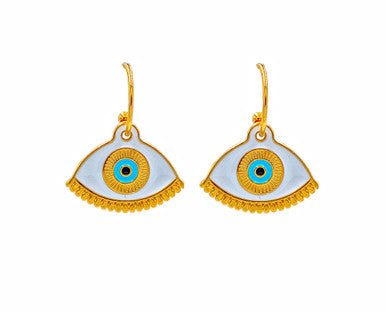 Gold Evil Eye in White, Hoop Earrings detail view
