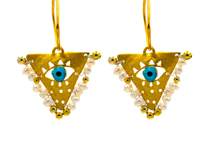 Gold-plated silver earrings with Pearl White beads and blue evil eye charm. Handcrafted jewelry inspired by the Filakto, a...