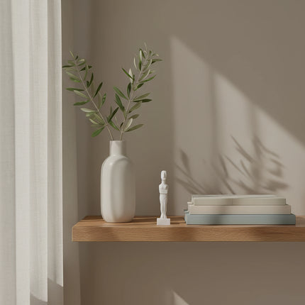Cycladic marble figurine sculpture handcrafted in Naxos Greece from authentic Naxian marble displayed on a minimalist interior shelf