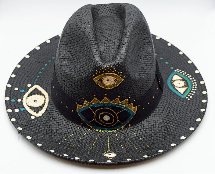 Glam Eye, Fedora, Hand-painted Hat in Black