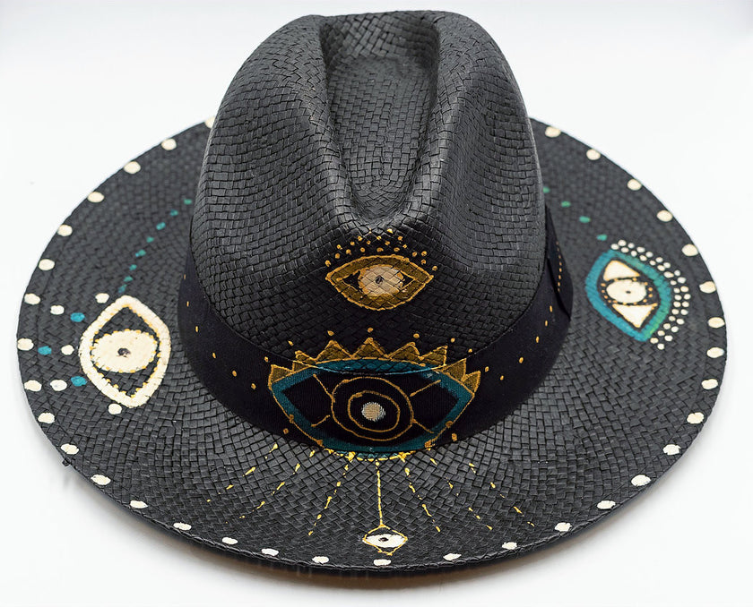 Glam Eye, Fedora, Hand-painted Hat in Black