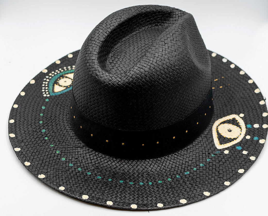 Glam Eye, Fedora, Hand-painted Hat in Black styled view