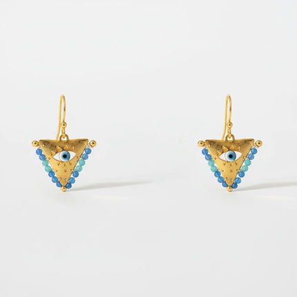 Medium blue fylachto earring in gold plated sterling silver with handpainted blue eye and blue bead details