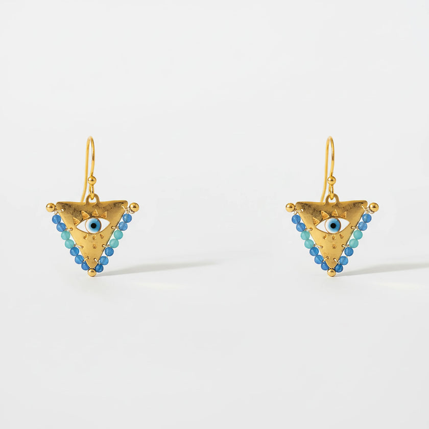 Medium blue fylachto earring in gold plated sterling silver with handpainted blue eye and blue bead details