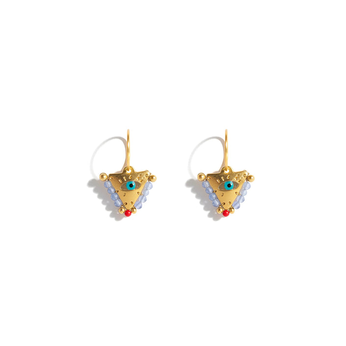 Small elephant gray and coral fylachto earring in gold plated sterling silver with handpainted eye and soft gray beads