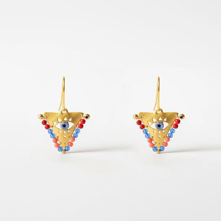 Medium Sunset Reef fylachto earring in gold plated sterling silver with handpainted eye and coral blue bead accents