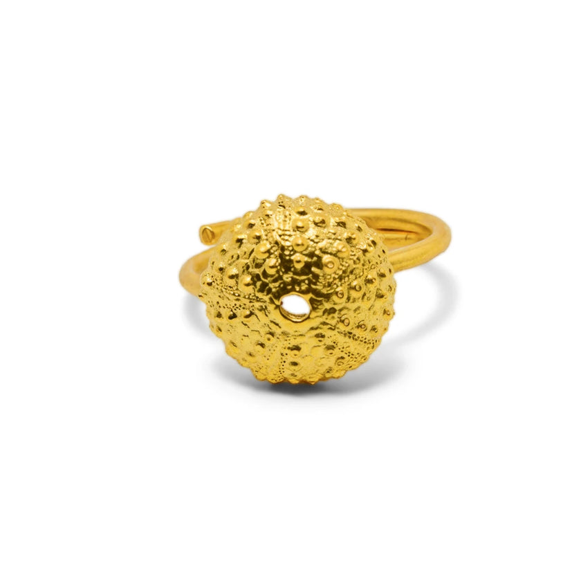 Handmade gold plated 925 silver sea urchin ring inspired by the Aegean Sea, one of a kind Greek statement jewelry from Naxos.