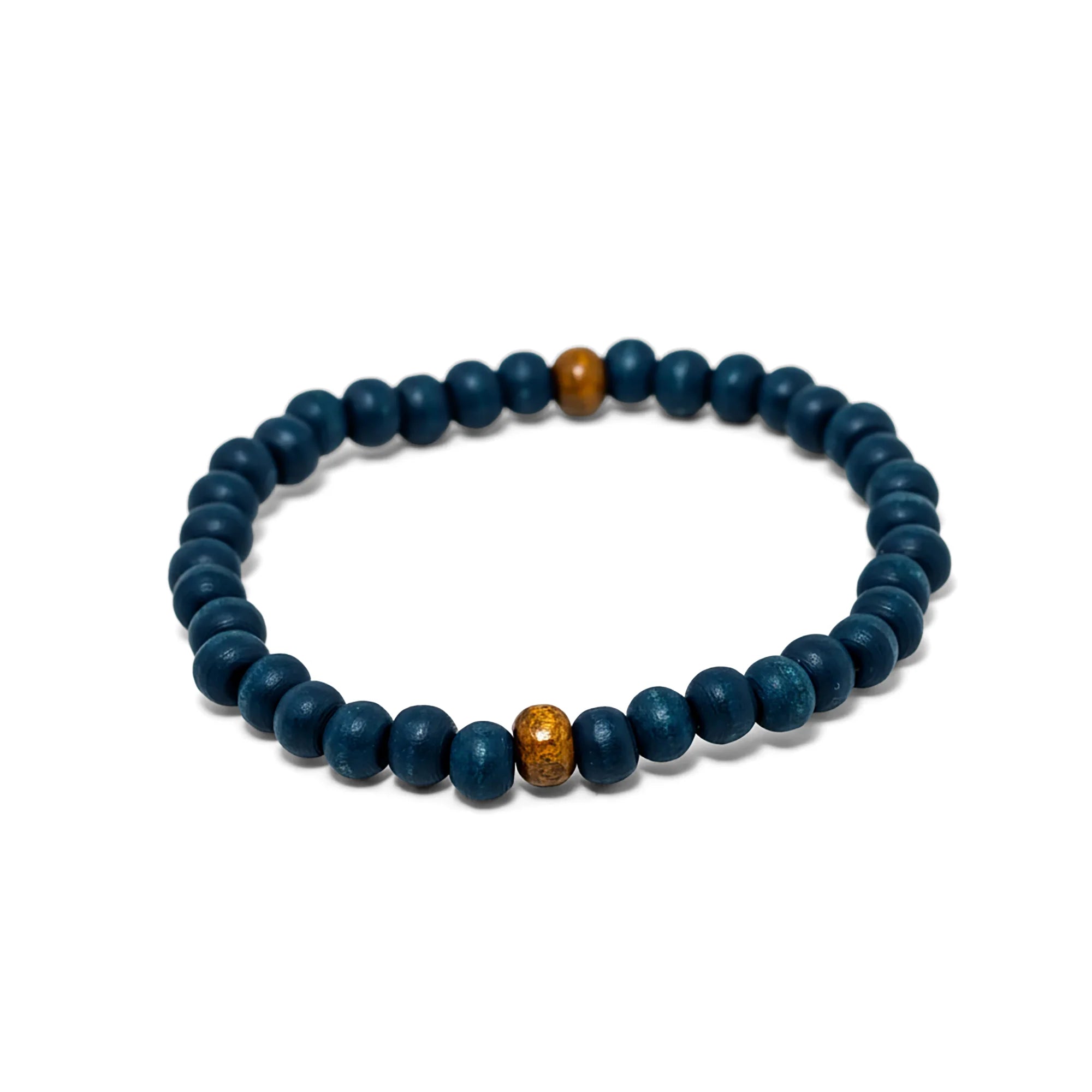 Stretch bracelet with deep blue wooden beads and warm natural wooden accent beads