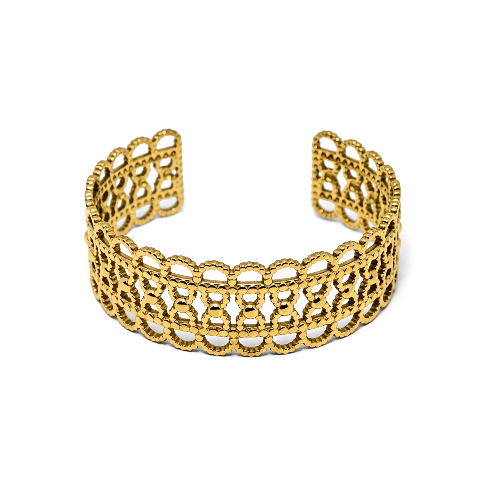 Wide gold tone stainless steel cuff bracelet with lace inspired openwork design