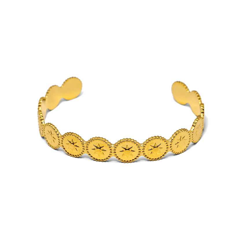 Gold tone stainless steel open cuff bracelet with repeating celestial star medallions