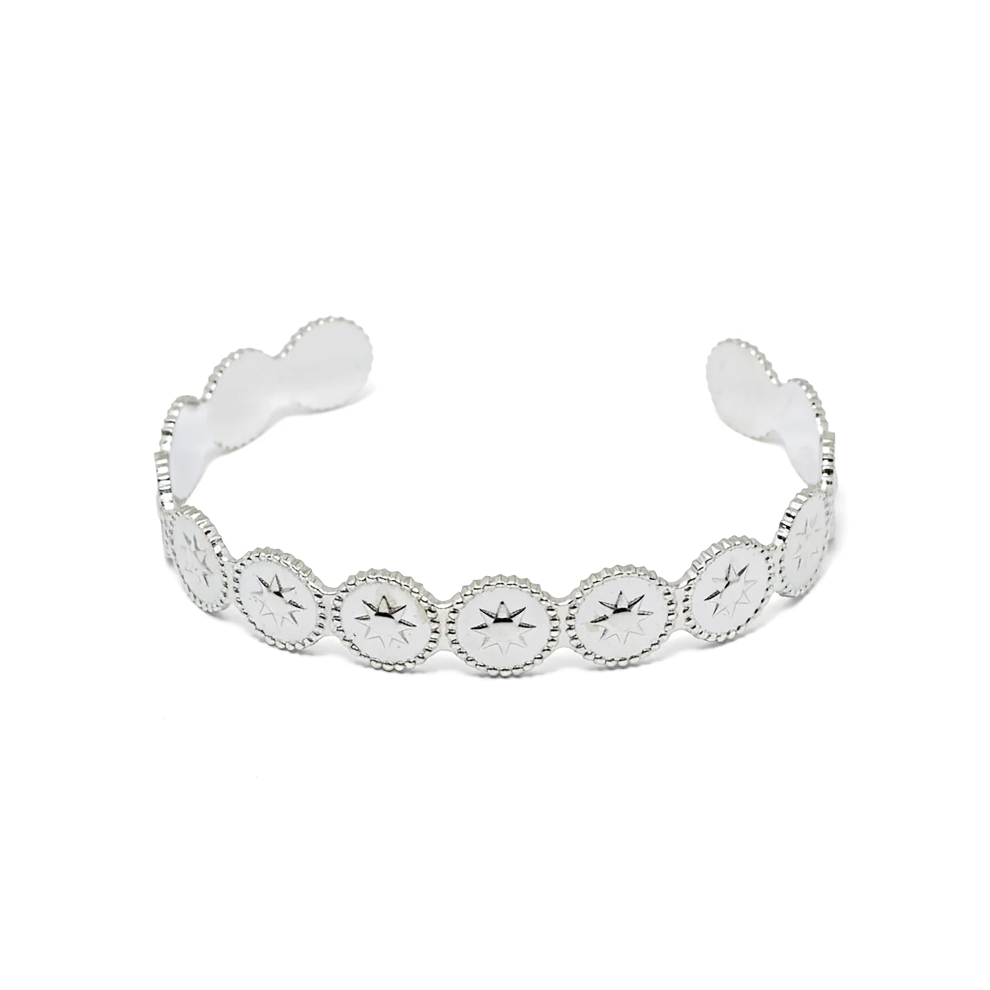 Stainless steel open cuff bracelet with repeating star medallions in silver tone