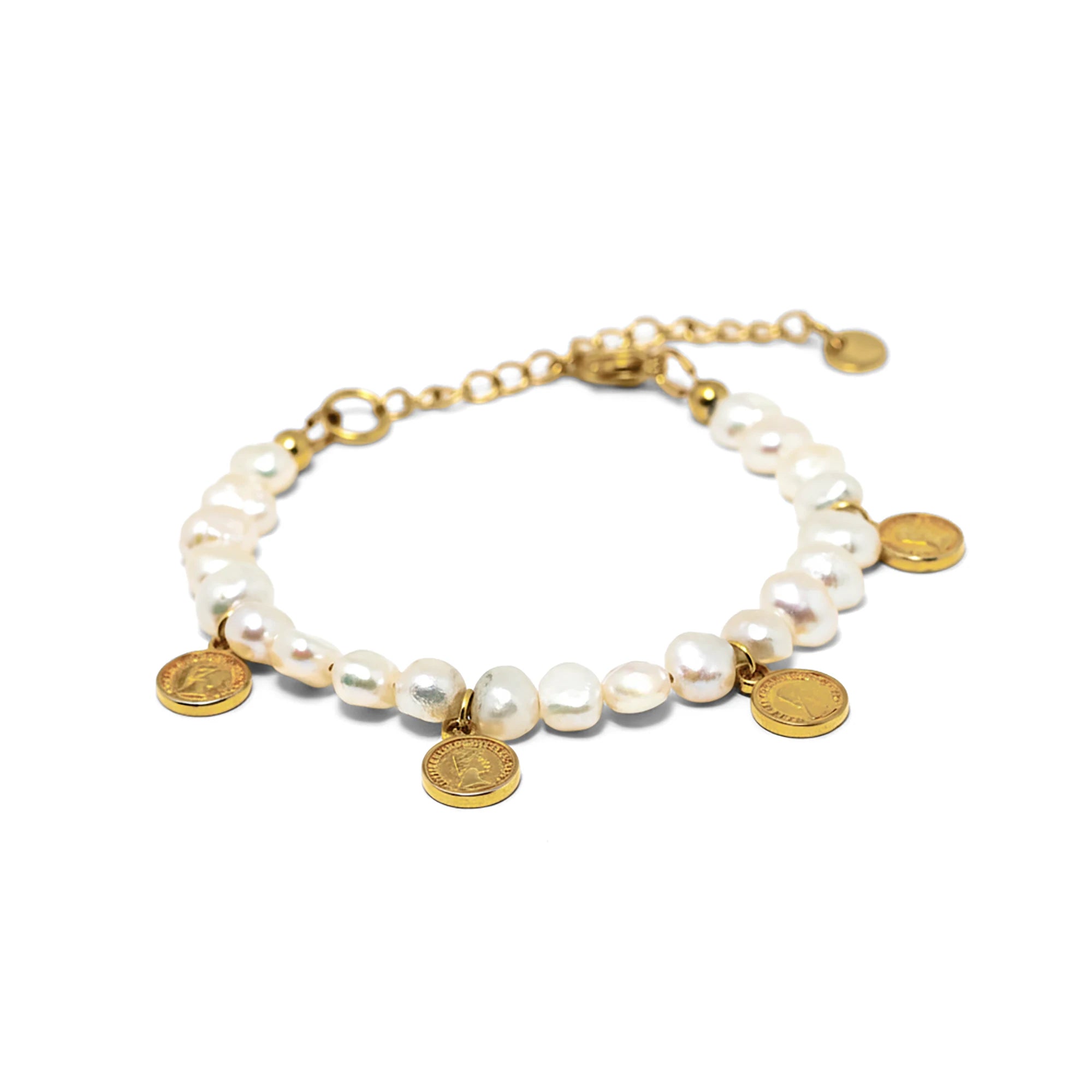Handmade pearl bracelet from Naxos with real freshwater pearls and gold plated coin charms