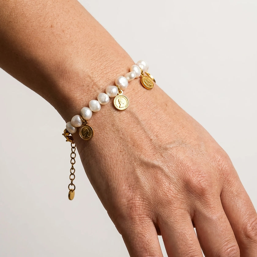 Close up of asteria pearl coin bracelet