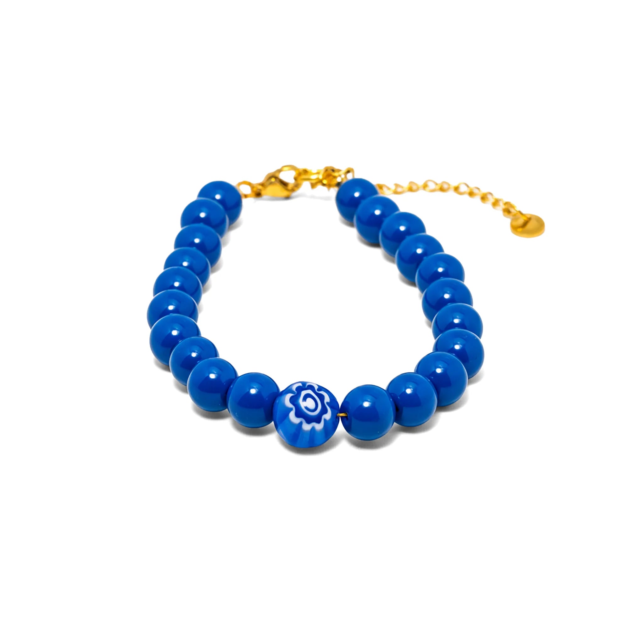Adjustable bracelet with bright blue beads and classic blue evil eye centerpiece