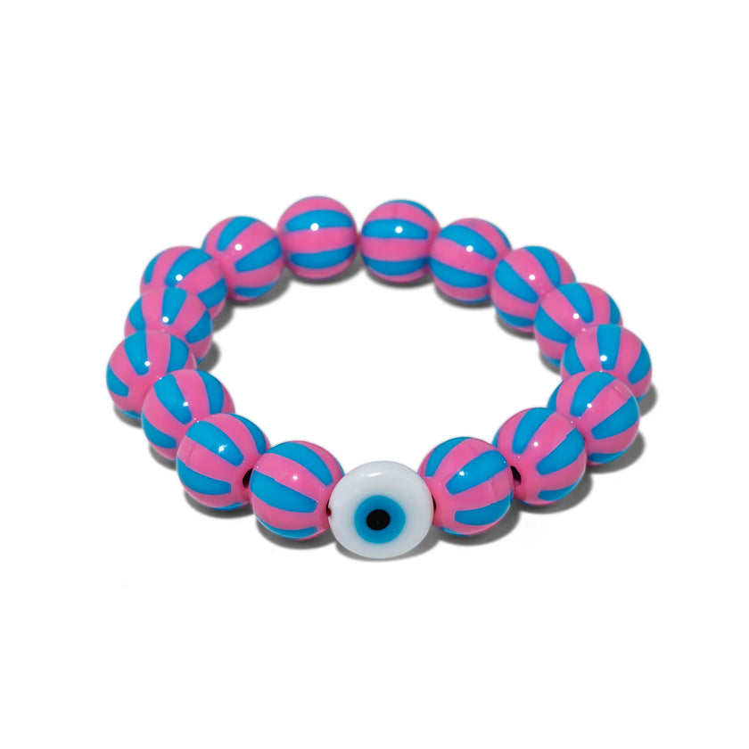 Stretch bracelet with pink and blue striped beads and classic evil eye center bead