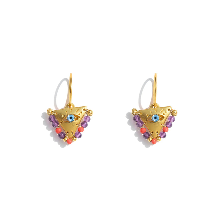 Colorful small fylachto earrings in gold plated sterling silver with handpainted blue eye and bead accents