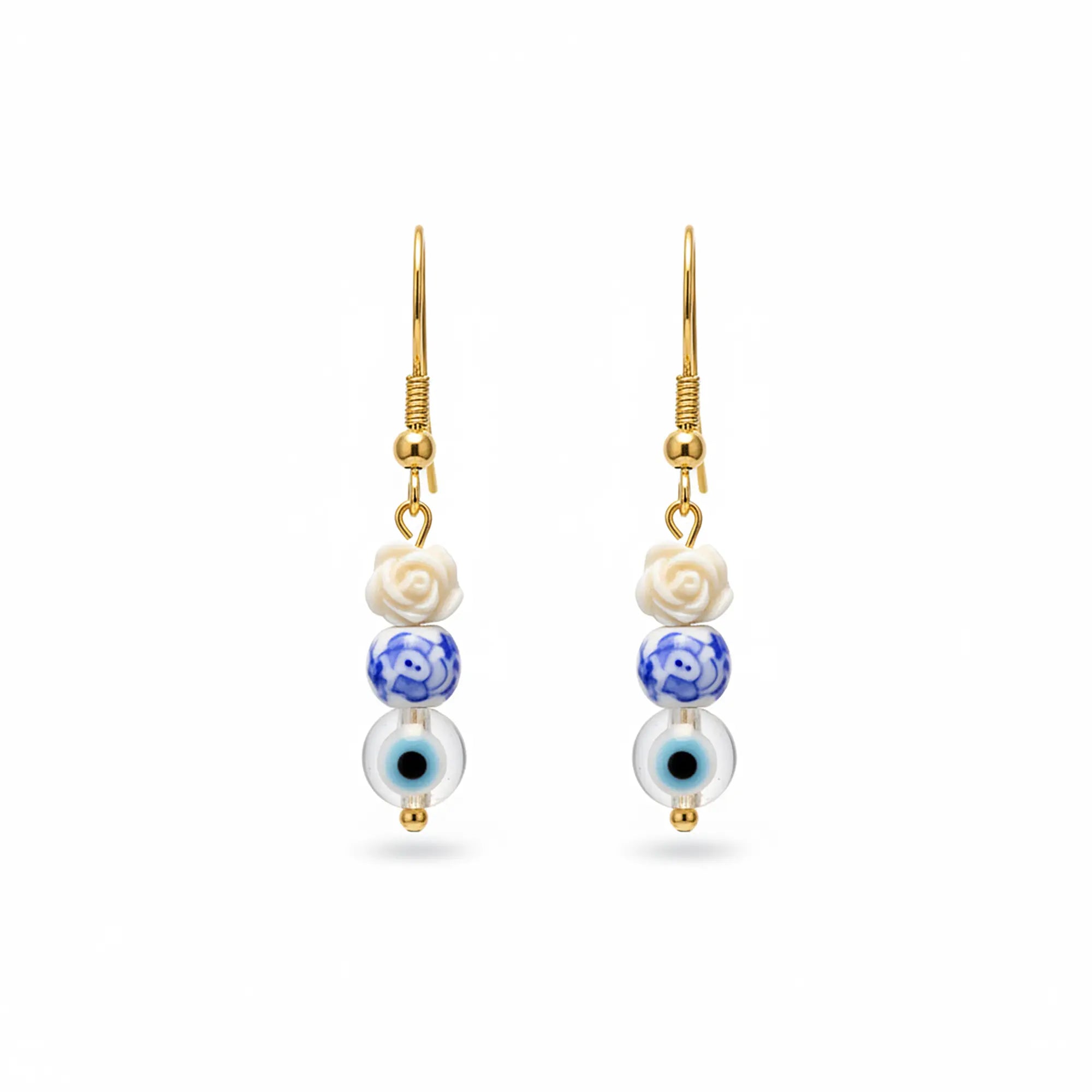 Handmade earrings from Naxos with white rose bead, blue patterned bead, and evil eye charm