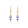 Handmade earrings from Naxos with white rose bead, blue patterned bead, and evil eye charm
