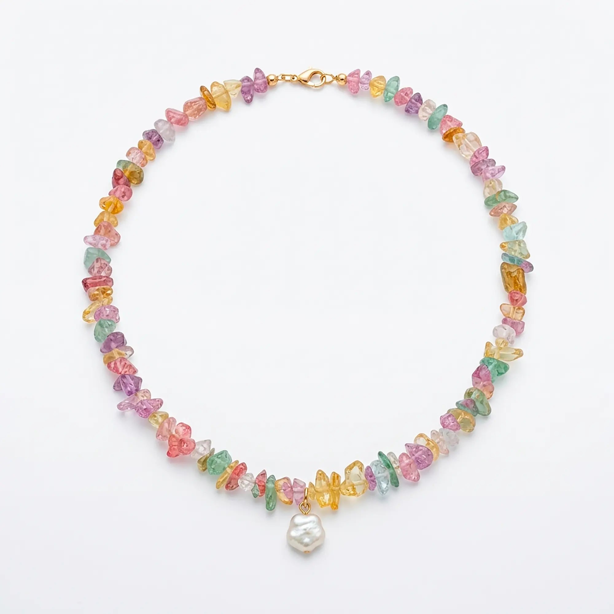 Drosia colourful stone chip necklace with freshwater pearl flat lay