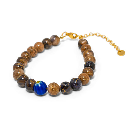 Adjustable bracelet with glossy marbled brown beads, gold veining, and blue Murano centerpiece