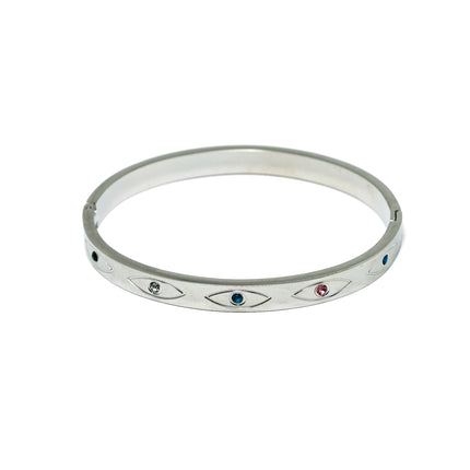 Stainless steel evil eye bangle bracelet with polished silver tone finish and crystal accents