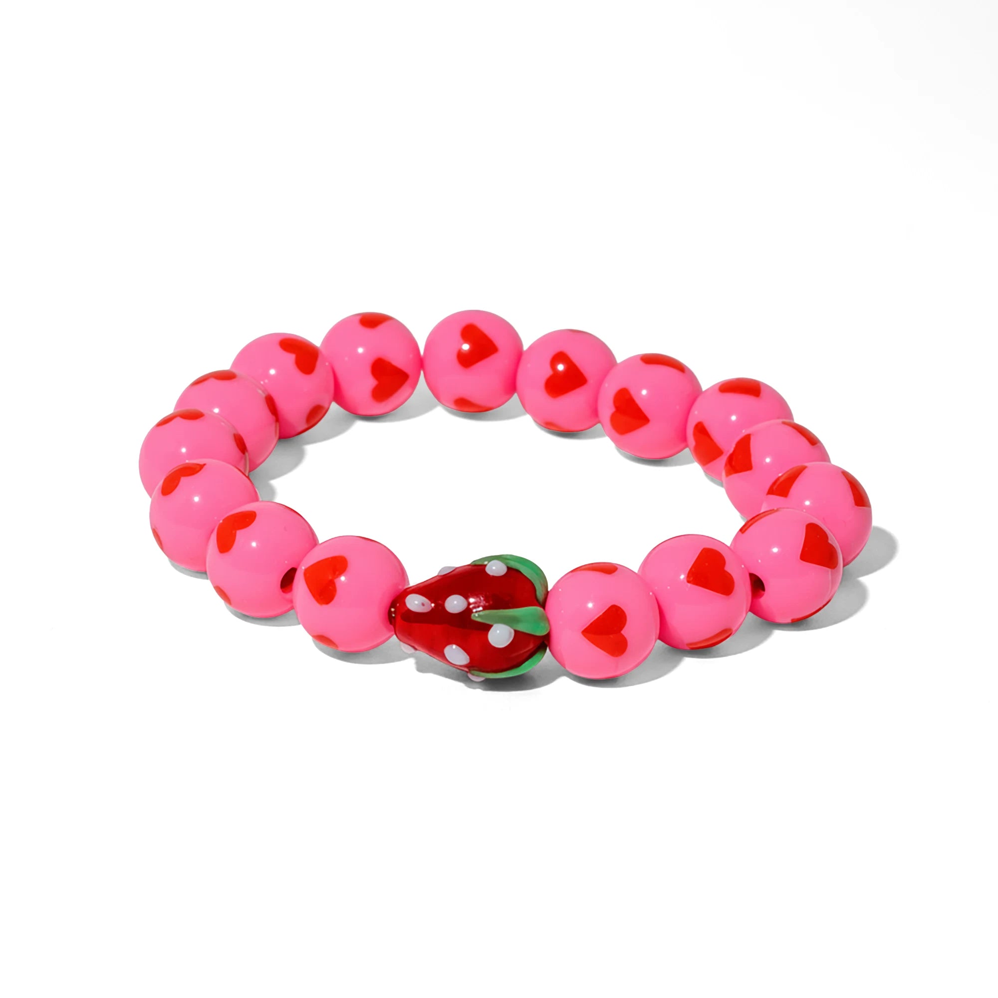 Handmade pink heart bead bracelet from Naxos with Murano glass strawberry centerpiece