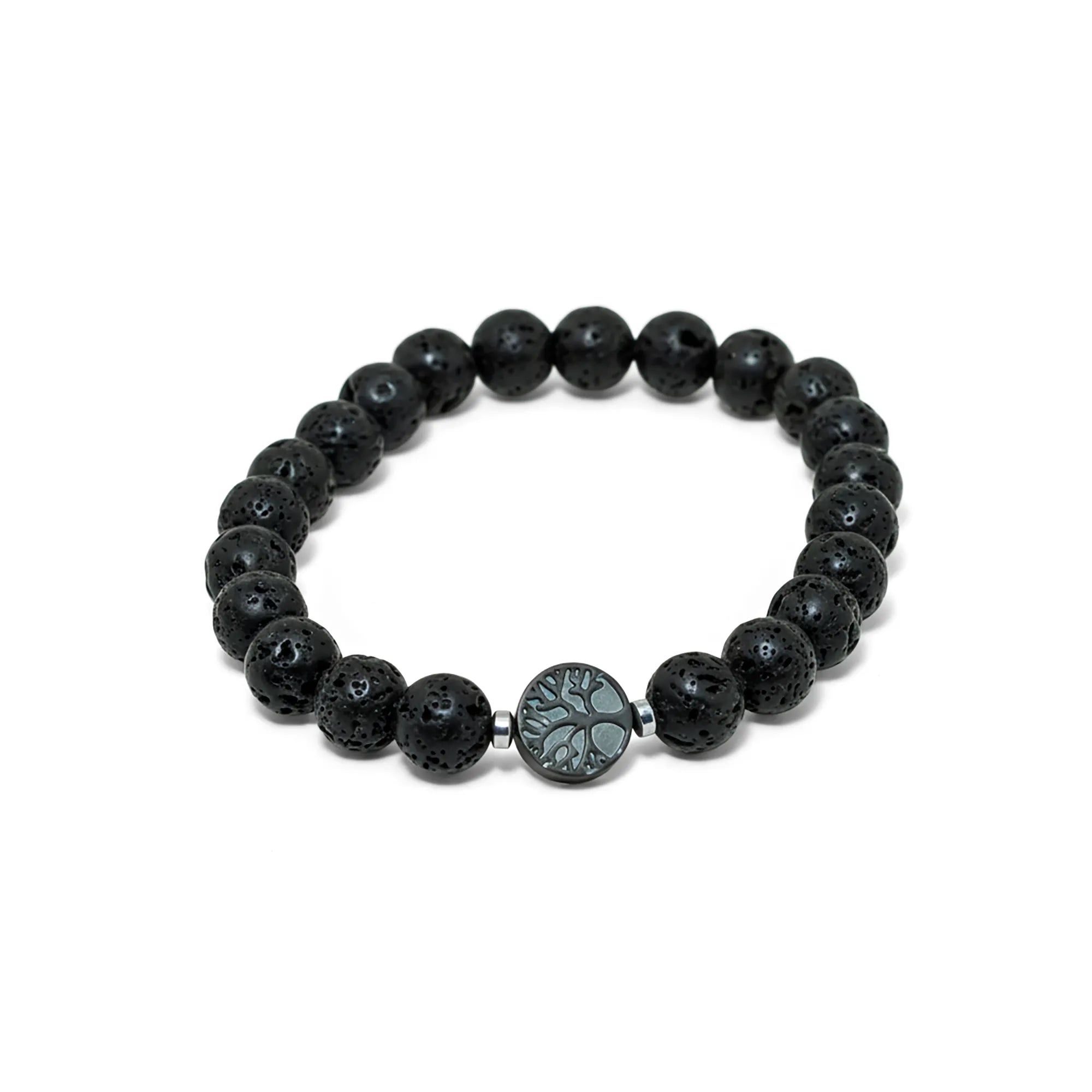 Stretch bracelet with black lava stone beads and symbolic tree of life centerpiece