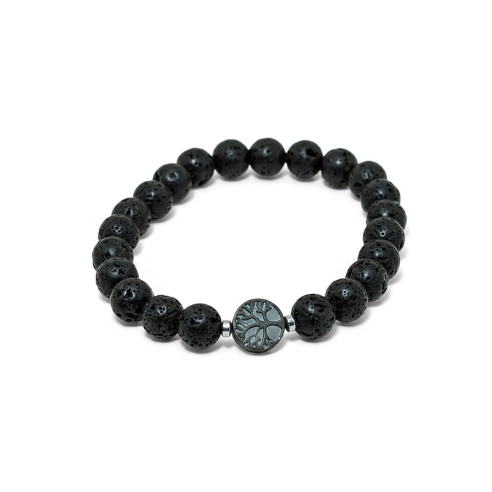Stretch bracelet with black lava stone beads and symbolic tree of life centerpiece