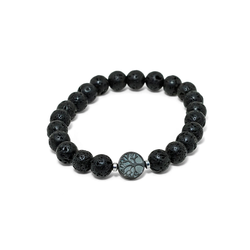 Stretch bracelet with black lava stone beads and symbolic tree of life centerpiece