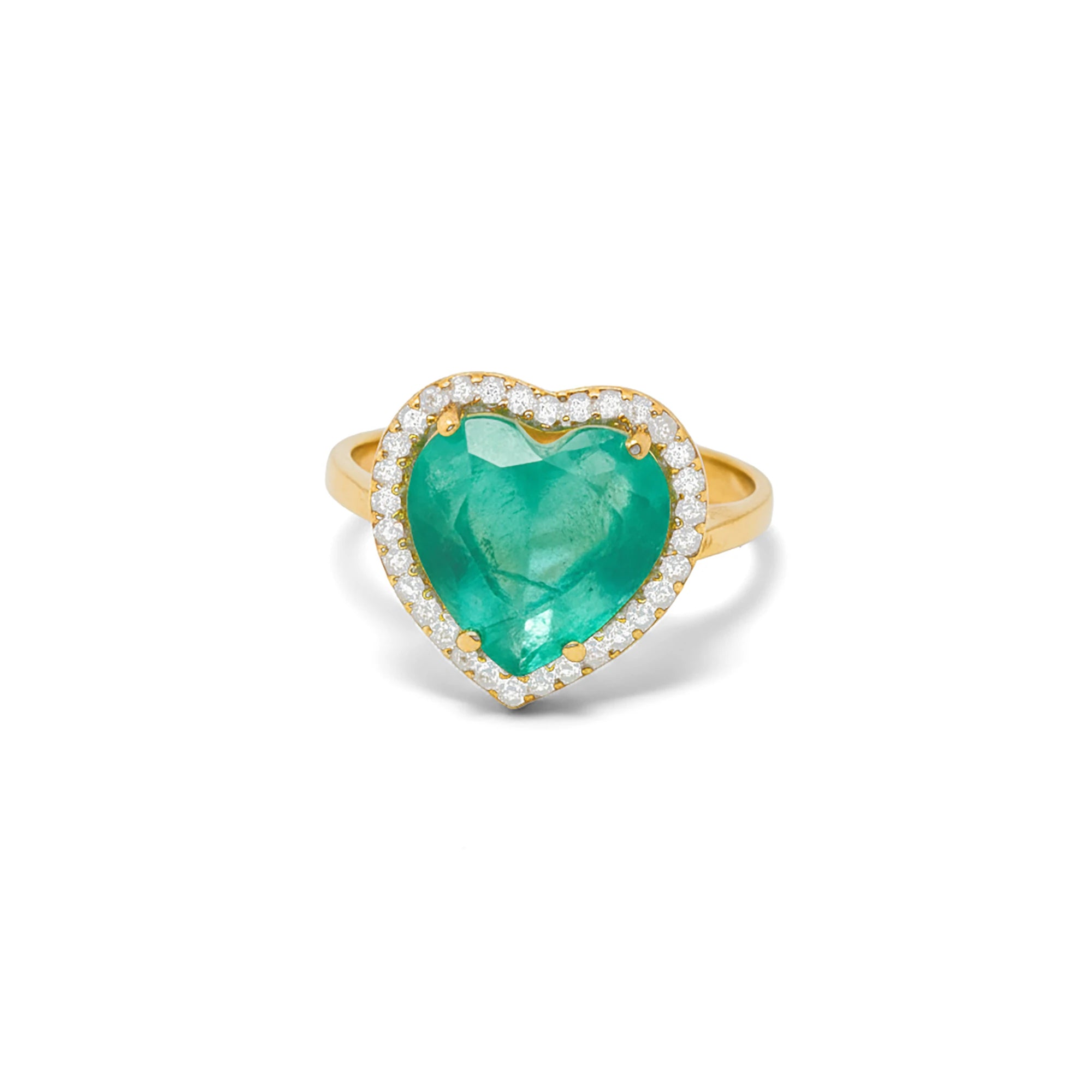 A gold-plated 925 sterling silver ring featuring a faceted sea-green heart-shaped stone surrounded by a halo of small clea...