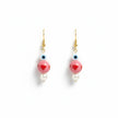 Handmade earrings from Naxos with pink heart beads, evil eye detail, and pearl drops