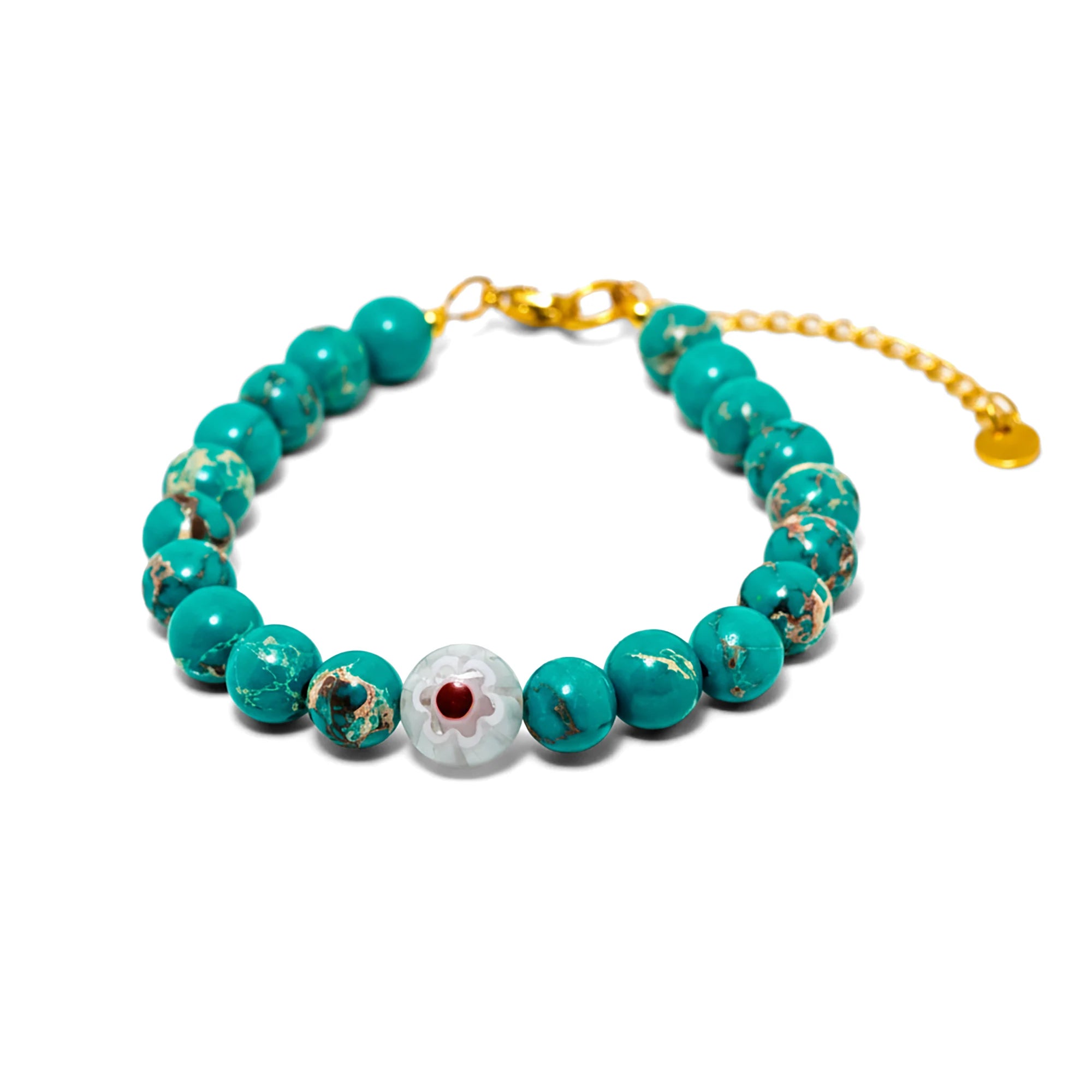Handmade turquoise bracelet from Naxos with central evil eye bead and gold plated adjustable clasp