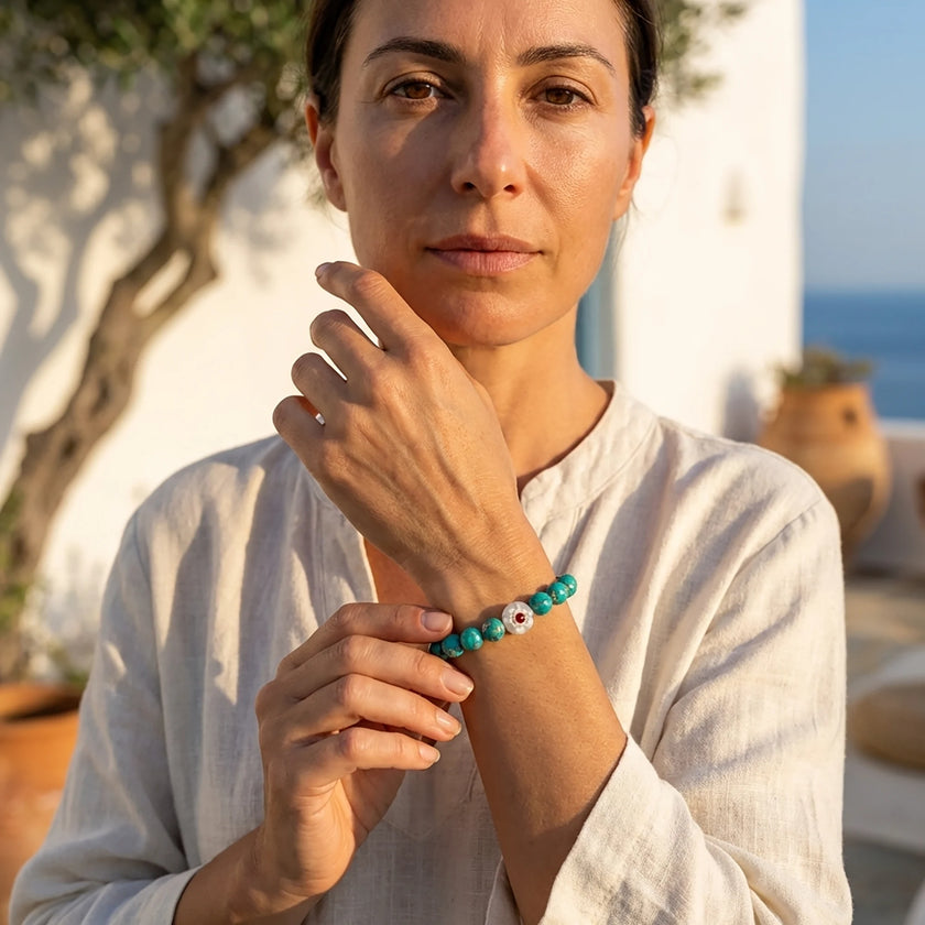 Woman wearing a handmade turquoise bead bracelet with evil eye centerpiece and adjustable gold plated chain