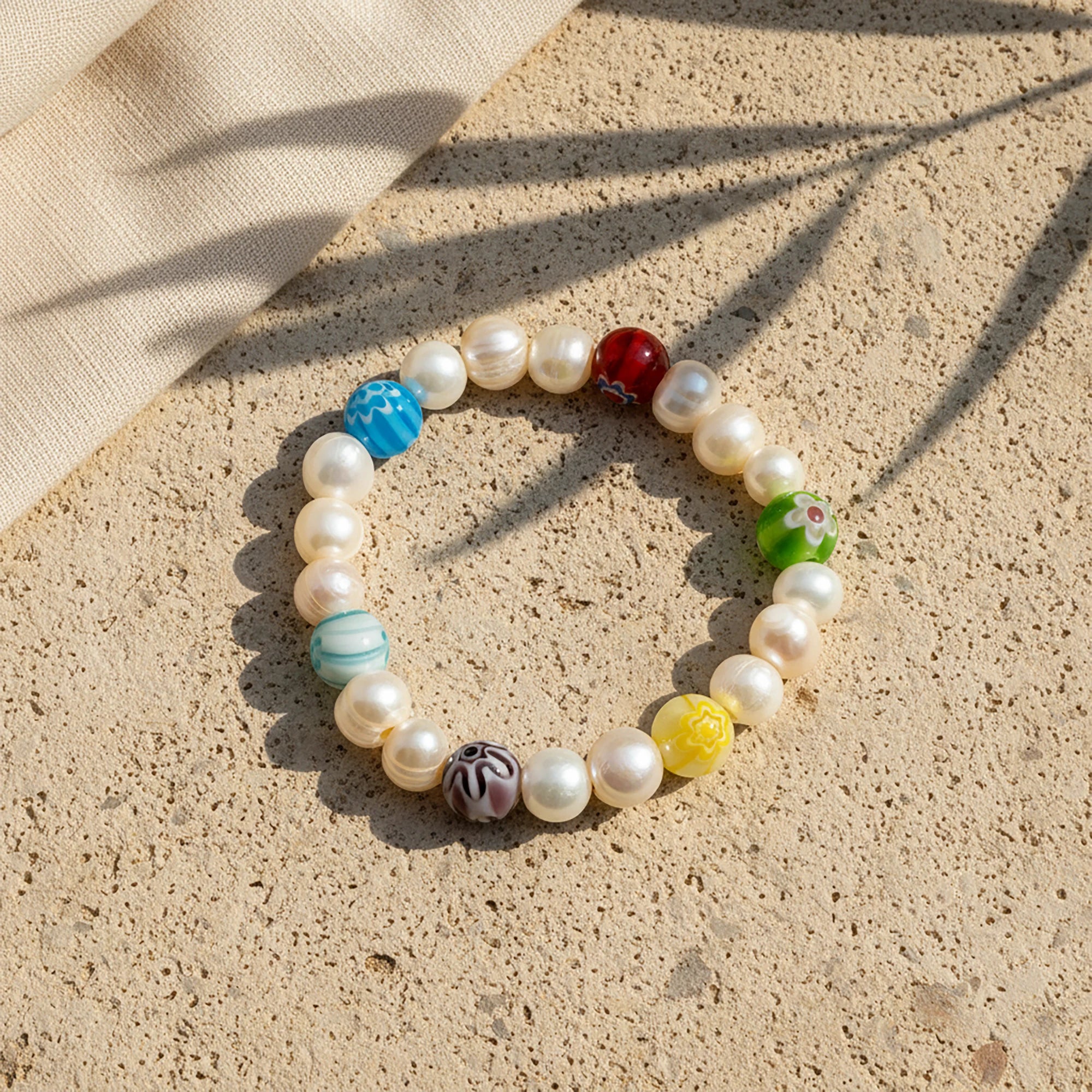 Handmade pearl bracelet from Naxos with colorful Murano glass accent beads
