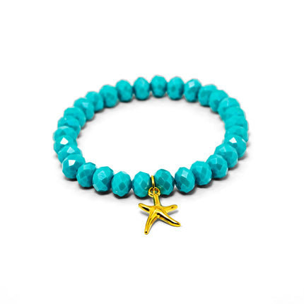 Stretch bracelet with turquoise faceted beads and gold starfish charm