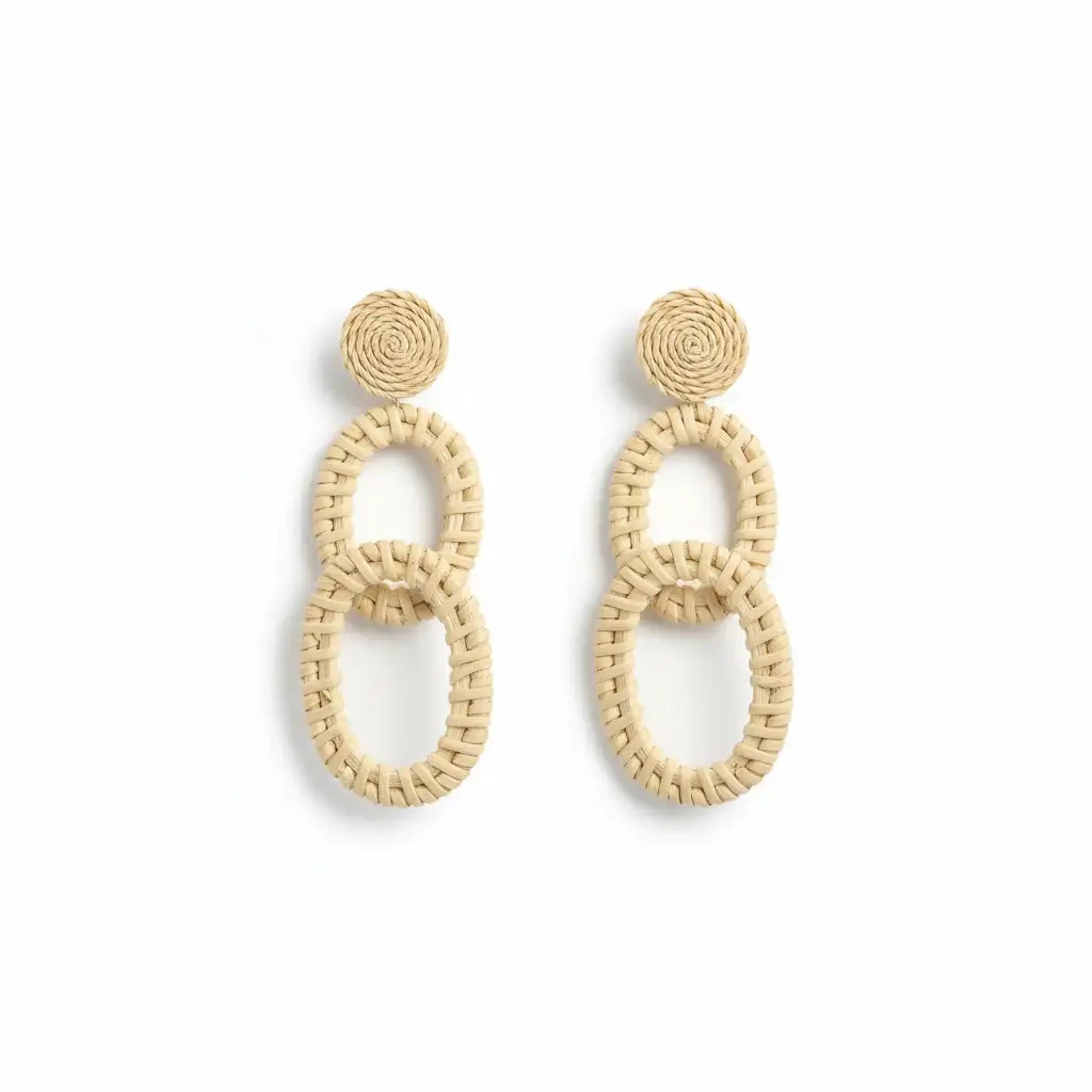 Handcrafted natural woven double oval earrings from Greece on a clean background