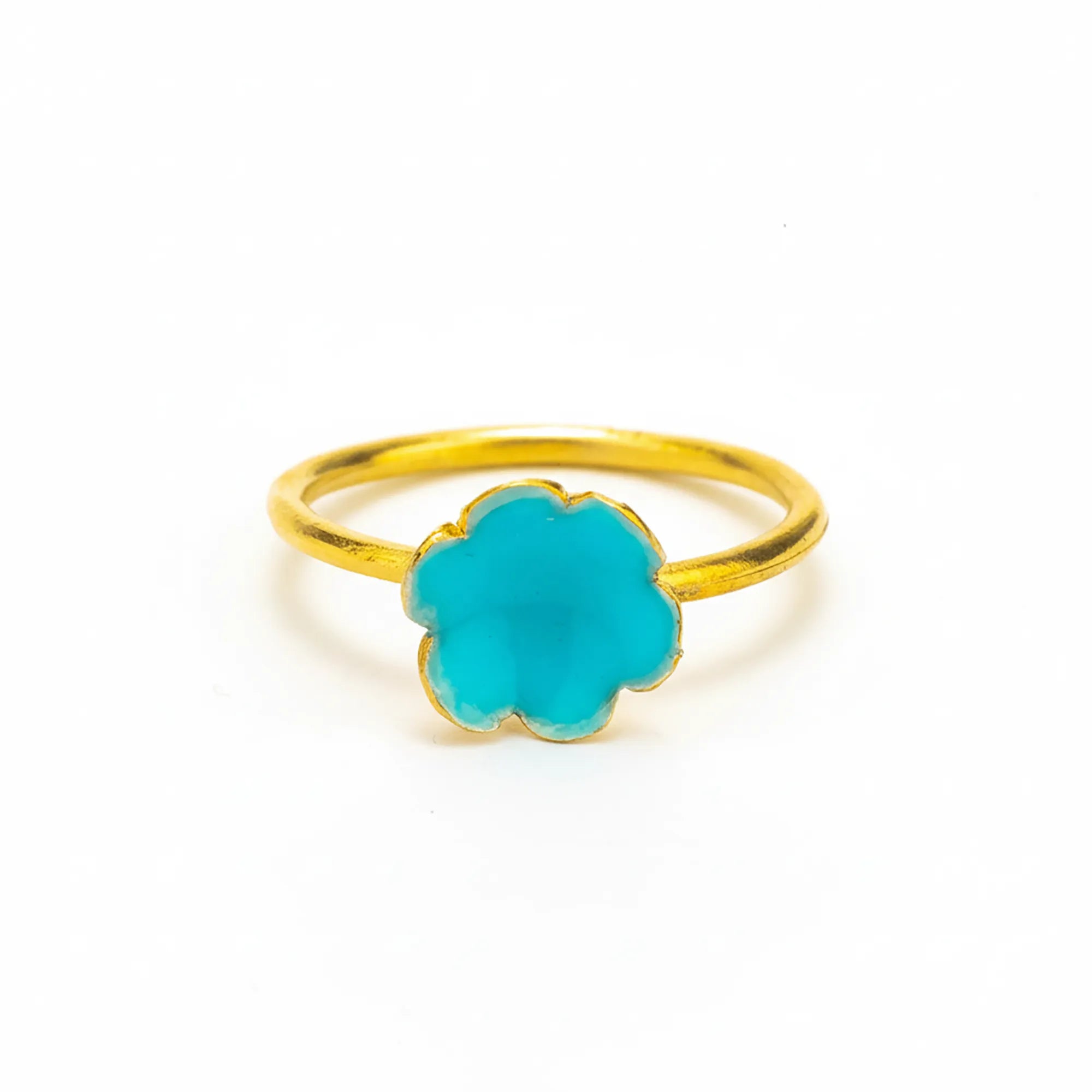 A gold-plated 925 sterling silver ring featuring a stylized six-petal flower centerpiece in a deep petrol green glossy fin...