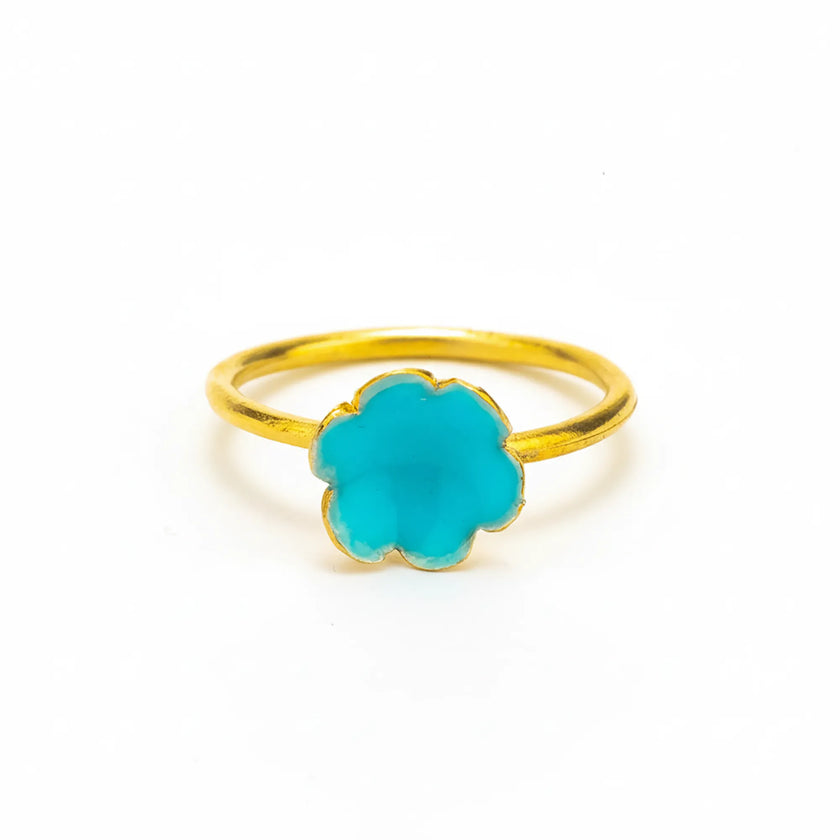 A gold-plated 925 sterling silver ring featuring a stylized six-petal flower centerpiece in a deep petrol green glossy fin...