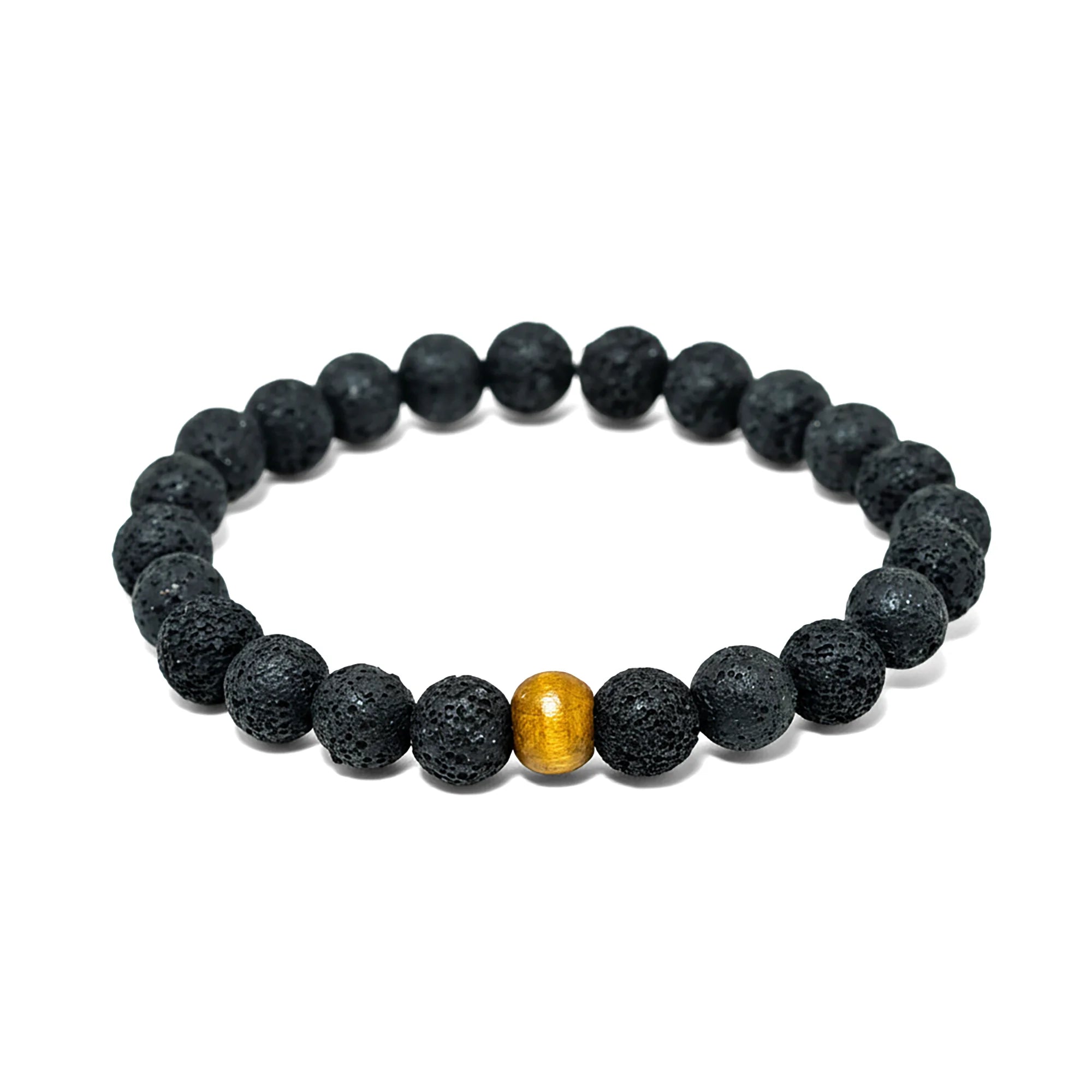 Handmade Santorini lava bracelet with black volcanic stone beads and natural wooden center bead