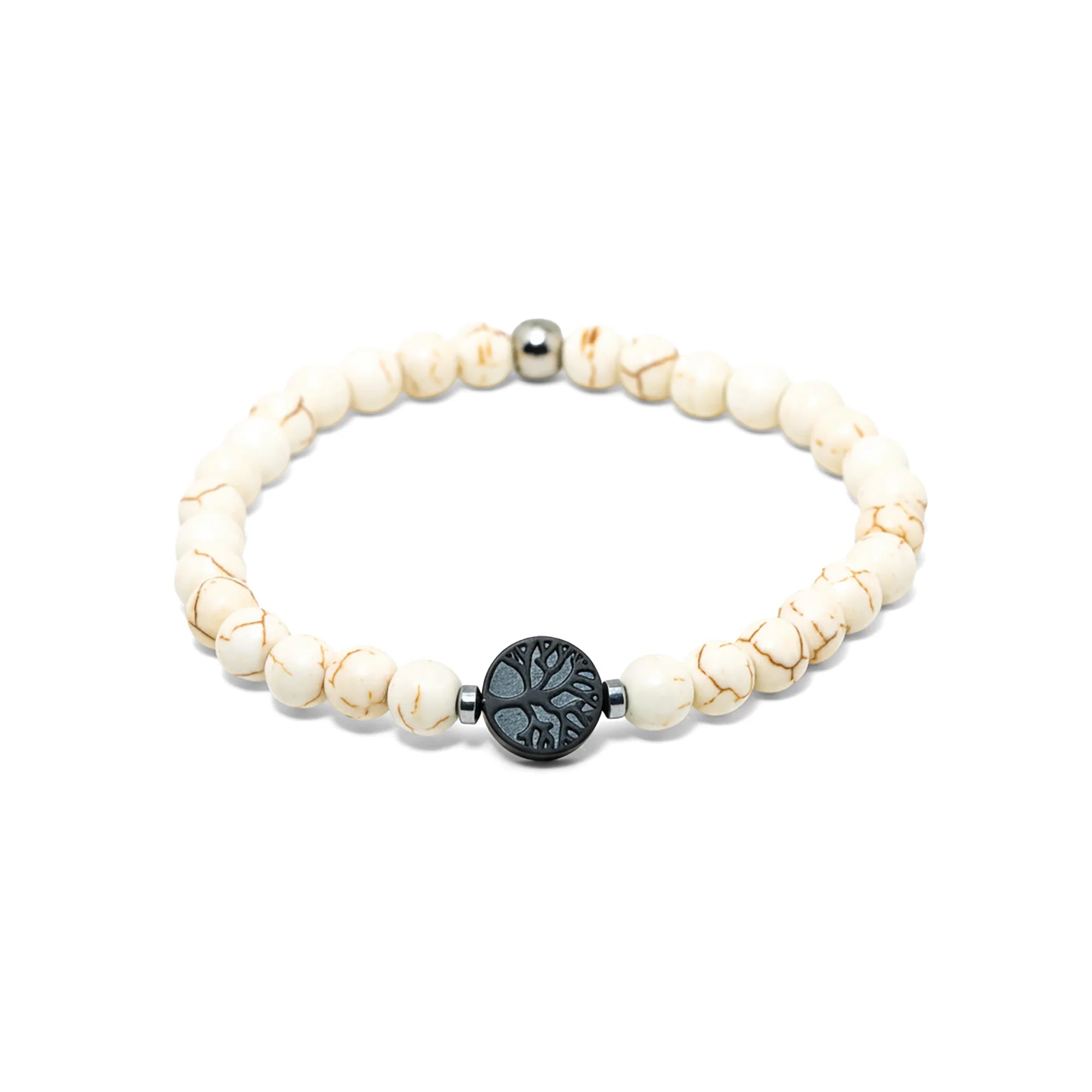 Stretch bracelet with white marbled stone beads and tree of life center detail