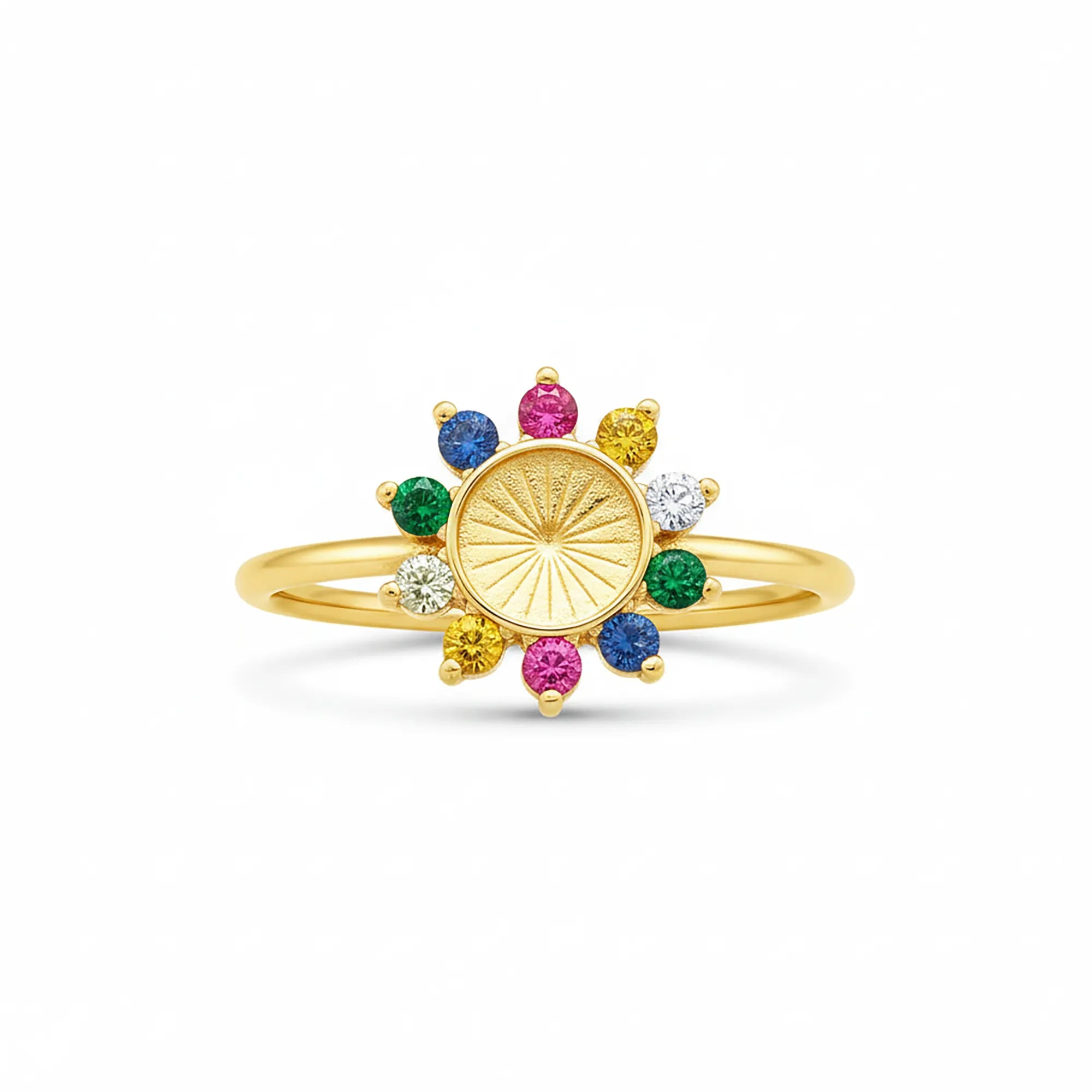 A gold-plated 925 sterling silver ring with a central sunburst disc surrounded by a flower-shaped halo of multi-colored zi...