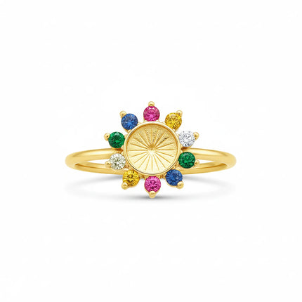 A gold-plated 925 sterling silver ring with a central sunburst disc surrounded by a flower-shaped halo of multi-colored zi...