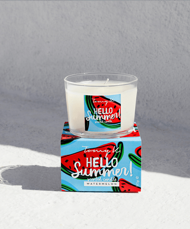 Close up of hello summer  watermelon scented candle